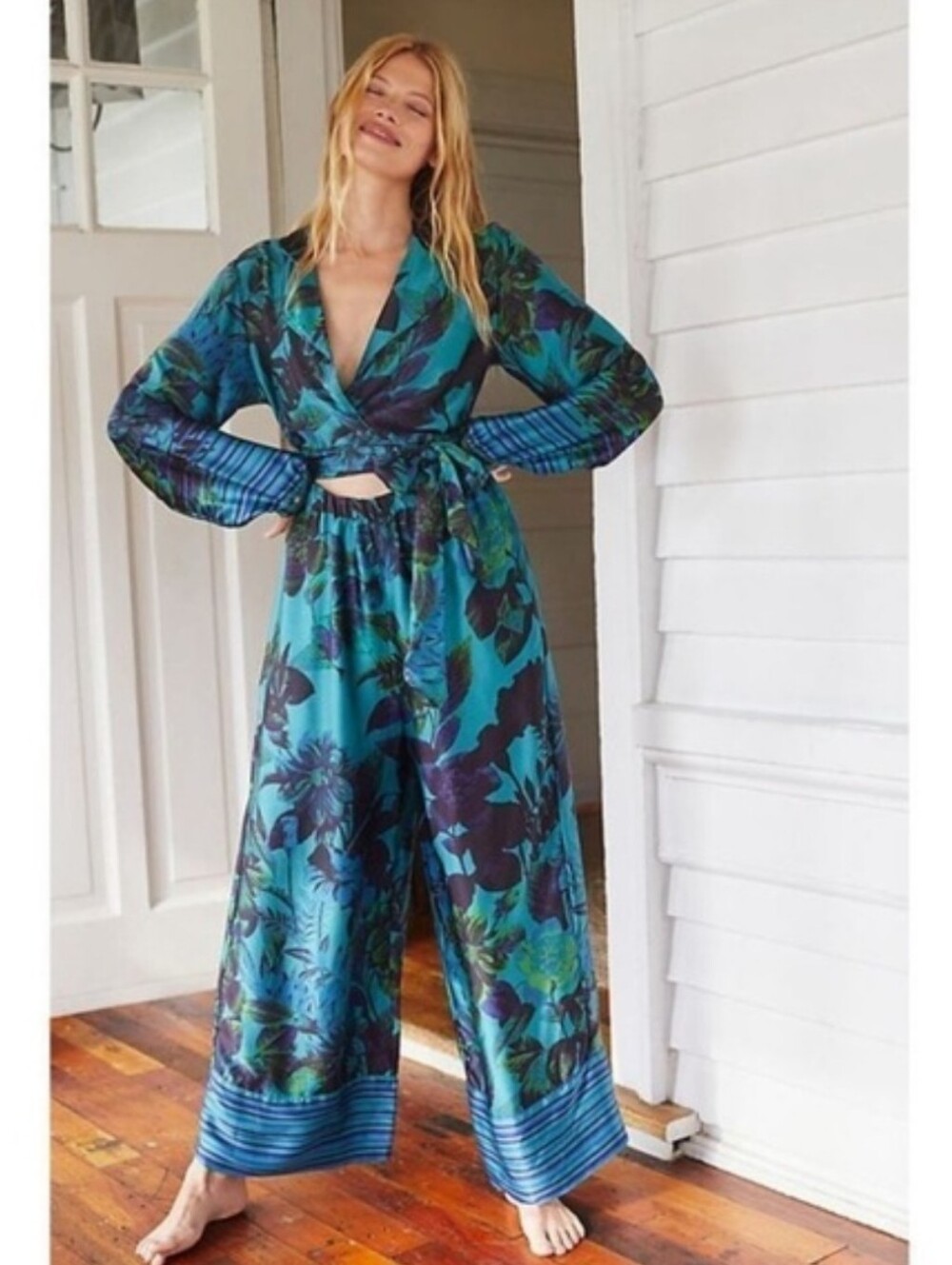Mary O'Malley Silk Floral Lounge Wide Leg Jump Suit